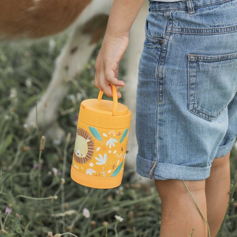 Portapranzo termico giallo per bambini decorato con leone e foglie in acciaio inossidabile, con maniglia estraibile per agevolare il trasporto